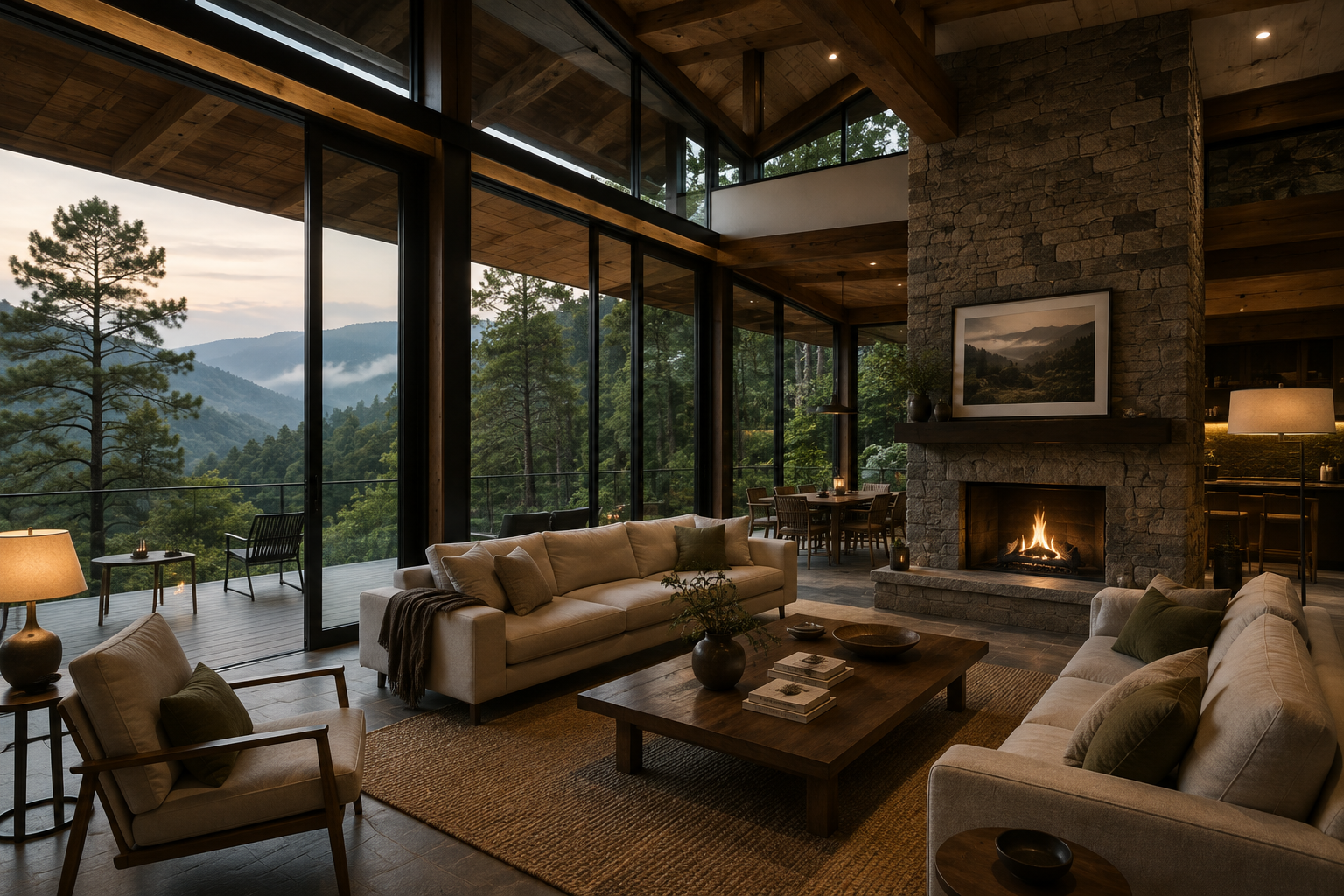 Modern luxury mountain villa with large glass windows and natural stone